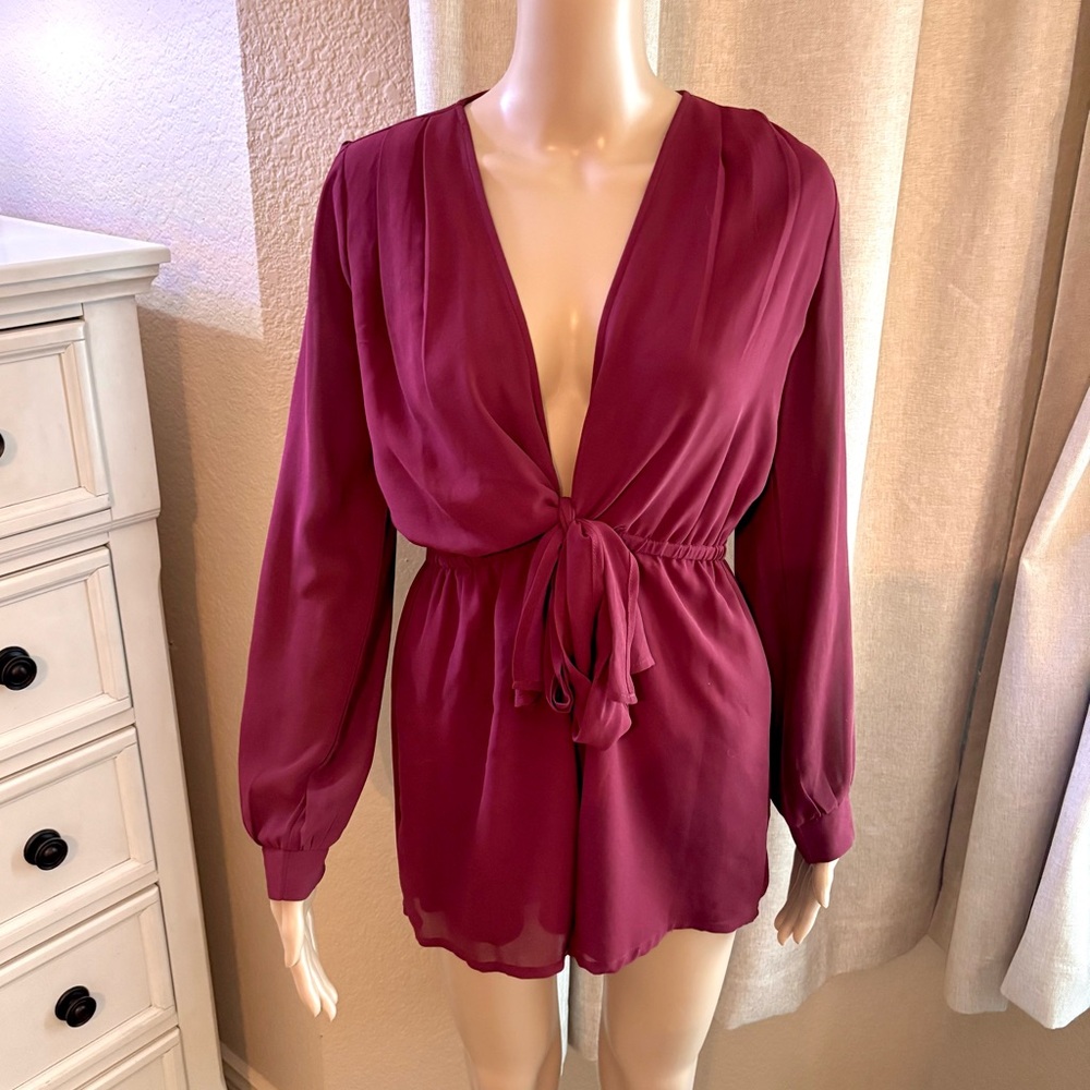 TOBI Burgundy V-Neck Romper w/ Long Split Sleeves & Tie Front